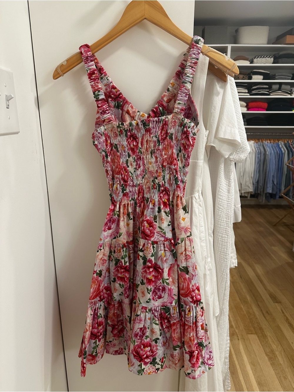 Floral Pink Smocked Mini Dress with V-Neckline - Picture 8 of 9